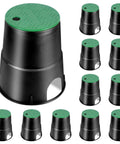 Pack of 12 Six Inch Circular Sprinkler Valve Box Anti Slip Durable PP Material for outdoor use with green lids.