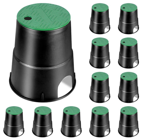 Pack of 12 Six Inch Circular Sprinkler Valve Box Anti Slip Durable PP Material for outdoor use with green lids.