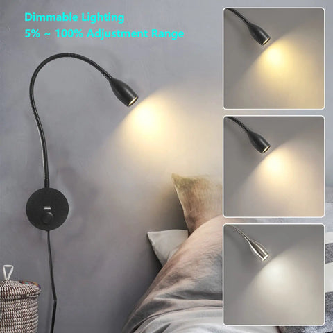 Dimmable LED Wall Reading Light With USB Charging Port For Late Night Reading And Work Gooseneck Bedside Lamp