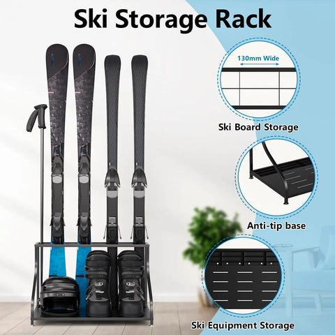 Rock Solid Freestanding Ski Storage Rack For Garage Designed With Zero Hassle To Store Your Snowboards And Boots While Granting Lightning Fast Access For Gnarly Winter Runs with ski boards and boots.