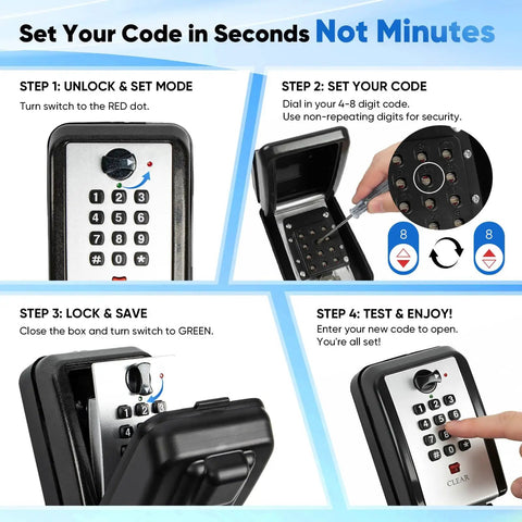 Wall Mount Key Lock Box With 12 Digit Resettable Code Weatherproof Outdoor Key Safe instructions showing setting code