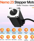 Angled front view of NEMA 23 stepper motor with black housing, silver faceplate, shaft visible and cable attached.