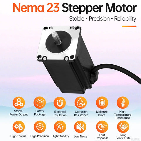 Angled front view of NEMA 23 stepper motor with black housing, silver faceplate, shaft visible and cable attached.