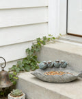 Outdoor Bird Feeder And Bath Bowl With Leaf Design In Polyresin Hand Painted Blue Family Of Birds Garden Decor That Pops For Yard Or Balcony Weather Resistant And Easy To Clean