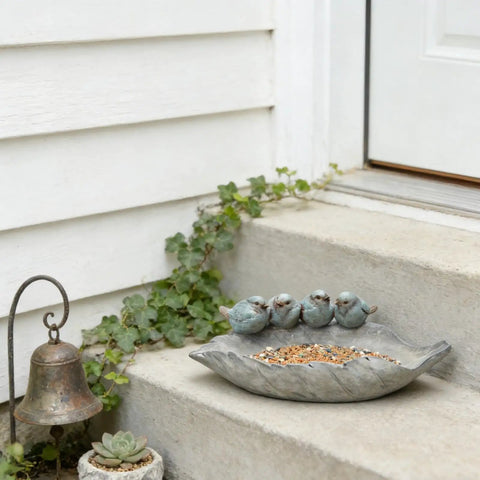 Outdoor Bird Feeder And Bath Bowl With Leaf Design In Polyresin Hand Painted Blue Family Of Birds Garden Decor That Pops For Yard Or Balcony Weather Resistant And Easy To Clean