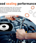 Mechanic using tool with 100 Piece Oil Drain Plug Gasket Set With Copper Crush Washers And Aluminum Washers, visible gasket kit