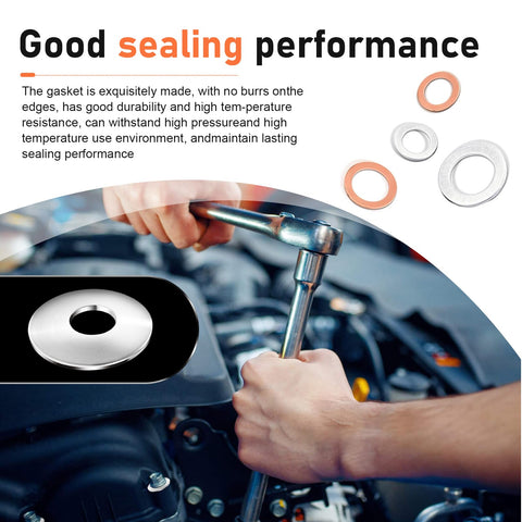 Mechanic using tool with 100 Piece Oil Drain Plug Gasket Set With Copper Crush Washers And Aluminum Washers, visible gasket kit