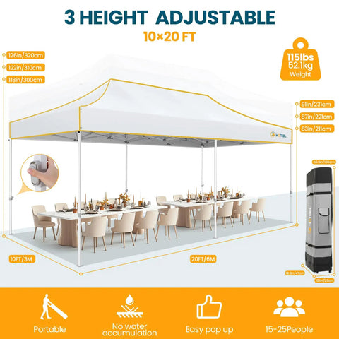 Heavy Duty 10x20 Pop Up Canopy Tent With Six Sidewalls, Waterproof Party Shelter, visible with tables and chairs, setup outdoors
