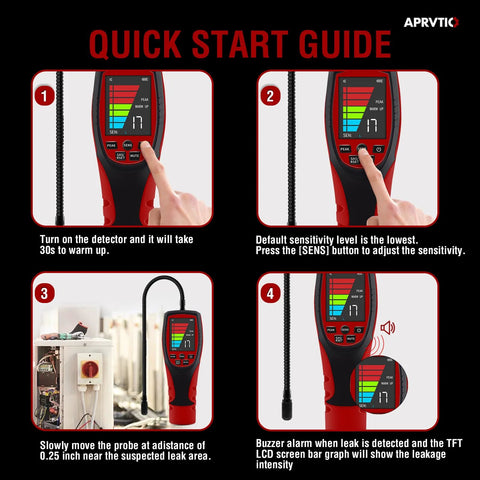 APRVTIO ALD-200 PRO HVAC refrigerant leak detector with 2.6-inch color display and audible/visual alarm; four-step quick-start guide