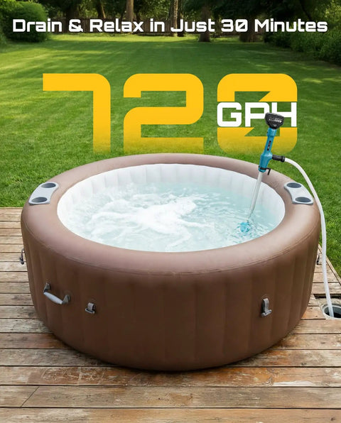 Cordless Stick Water Pump With 2.2 Inch Head Battery Powered Utility Pump for hot tub drainage, 720 GPH capacity visible.