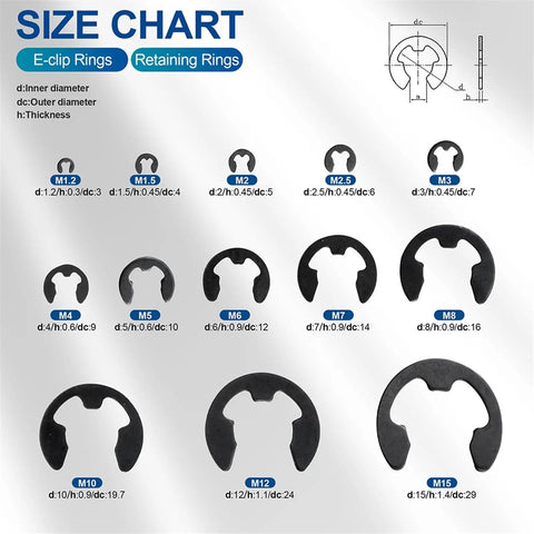 Size chart for C Type External And Internal Circlip Kit Set 5mm To 19mm External Rings And 8mm To 24mm Internal Rings