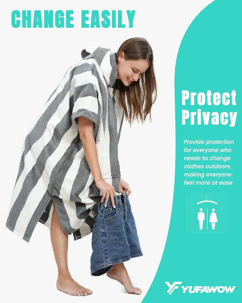 Woman using Hooded Surf Poncho Towel For On The Go Privacy Women Men Changing Robe With Front Kangaroo Pocket Beach Gear