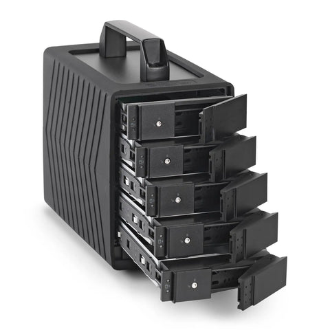 Heavy Duty Aluminum 5 Bay USB4 40Gbps External Drive Enclosure With Silicone Grip Sleeve, rugged design with expandable storage bays.