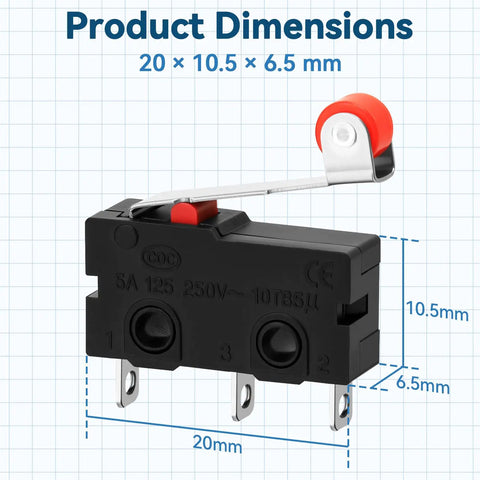 20 Pack KW12-3 Micro Limit Switches With Roller Lever Arm SPDT Snap Action 250V 5A AC Tiny Switches For 3D Printers CNC Machines And DIY Electronics Projects, 20x10.5x6.5mm