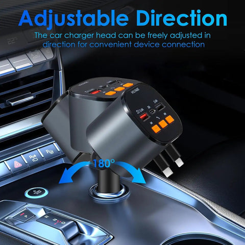 5 In 1 Fast Car Charger With 90W PD Power Retractable USB C And USB A Cables Bluetooth Five Three FM Transmitter in car console