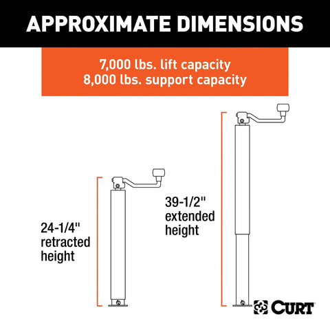 CURT 28570 direct weld-on heavy-duty trailer jack, 8,000 lb support, 24-1/4 in retracted to 39-1/2 in extended