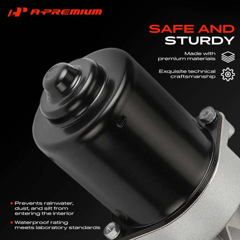 Close-up of Bulletproof Front Side Windshield Wiper Motor With 4 Plus 8 Pin Connector For Ford F150 Explorer Mustang Expedition Flex Focus Escape Taurus Garage Trusted Pro showing waterproof design.