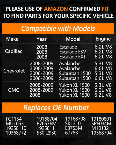 Chart showing compatible models for Electric Fuel Pump Module Assembly Direct Fit For 2008 2009 Chevy Avalanche Suburban 1500 V8 5.3L 6.0L GMC Yukon XL 1500 V8 5.3L 6.0L 2008 Yukon XL 6.2L V8 And Cadillac Escalade ESV EXT 6.2L V8 Replaces OE FG1154 19168704 19168708 19180 with makes Cadillac, Chevrolet, GMC