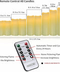 Flameless Battery Operated LED Pillar Candles Set Of Nine With Remote And 24 Hour Timer features size details and remote