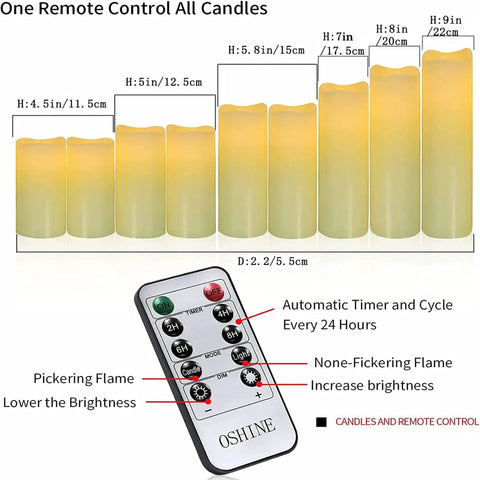 Flameless Battery Operated LED Pillar Candles Set Of Nine With Remote And 24 Hour Timer features size details and remote