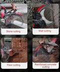 Four images of 16 Inch Electric Concrete Saw With 9800W High Power Motor cutting stone, wall, floor, and reinforced concrete.