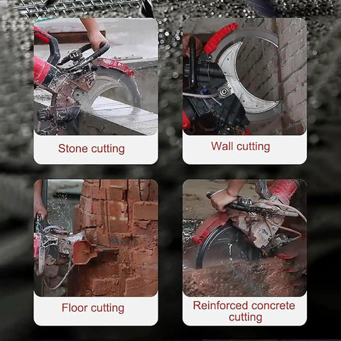 Four images of 16 Inch Electric Concrete Saw With 9800W High Power Motor cutting stone, wall, floor, and reinforced concrete.