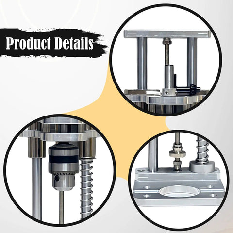 Close-up views of Vertical Drill Guide Attachment For Drill Press Stand, Heavy Duty Steel Construction With Precision Alignment To Eliminate Wobble.