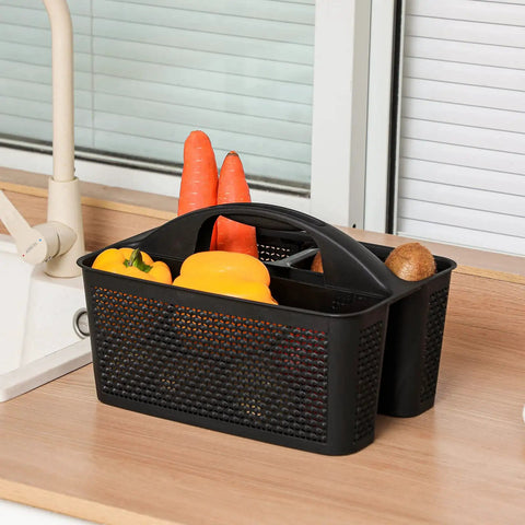 Portable Shower Caddy Basket With Handle For Bathroom And Kitchen Storage All In One Cleaning Organizer On The Go With Compartments BPA Free PP Material Durable Black Bucket Style Caddy For Dorm Sink And More holding vegetables