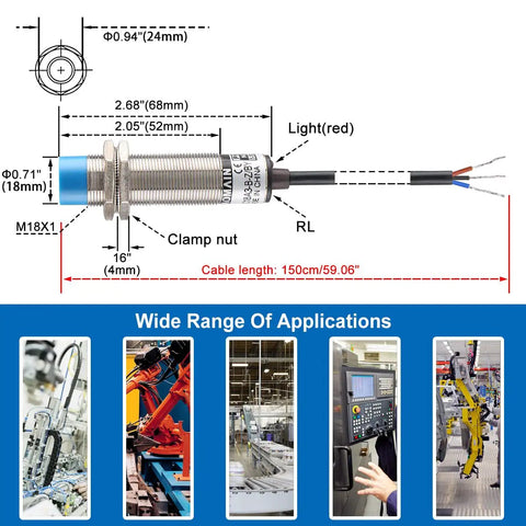 Diagram of Capacitance Proximity Switch 1-10mm PNP NO DC 10-30V 200mA 3-Wire M18 Sensor With 47 Inch Cable LJC18A3-B-Z-BY
