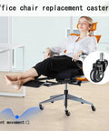 Set Of Five Heavy Duty Swivel Caster Wheels For Office Chairs Featuring Bone Quiet Rolling PU Treads on an office chair.