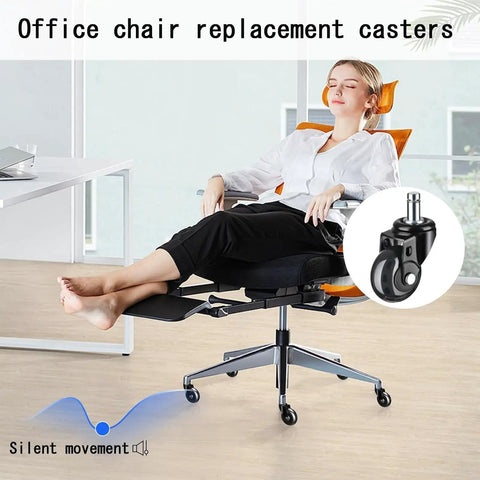 Set Of Five Heavy Duty Swivel Caster Wheels For Office Chairs Featuring Bone Quiet Rolling PU Treads on an office chair.