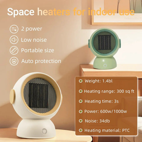 Tiny But Mighty Ceramic Space Heater With 1200W Quick Heat Two Modes Ultra Quiet Personal Heater For Home Office Or Bedroom Under Desk Keeps A Cozy 300 Sq Ft Warmth White shown in indoor setting.