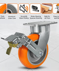 Ultra Heavy Duty 6x2 Inch Casters Kingpinless Crowned Polyurethane Wheels Aluminum Core detail showing smooth rolling mechanism.