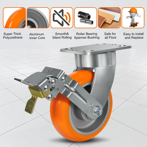 Ultra Heavy Duty 6x2 Inch Casters Kingpinless Crowned Polyurethane Wheels Aluminum Core detail showing smooth rolling mechanism.