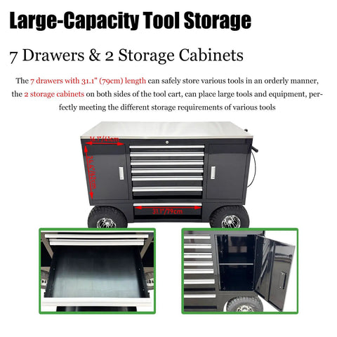 Pro Level Heavy Duty 7 Drawer Cold Rolled Steel Tool Chest With Hella Major Load Capacity And Rugged Powder Coated Finish Mobile Shop Cart with open drawers and cabinets.
