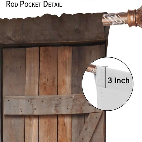 Barn Door Rod Pocket Blackout Curtains For Living Room showing 3-inch rod pocket detail, rustic farmhouse vibe with wooden board motif