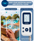 Digital Pool And Spa Water Test Kit Featuring 7 In 1 Chemistry Analysis with test strips and sleek display near a hot tub.