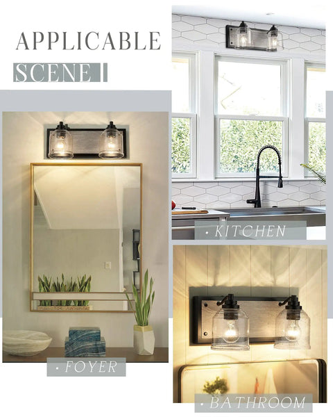 Two-Light Farmhouse Vanity Lights For Bathroom, 15.8 Inch Gray Textured Metal Backplate, Bubble Glass Shades Over Mirror