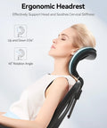 Woman resting on All Day Comfort Ergonomic High Back Mesh Desk Chair With Adjustable Headrest and Lumbar Support, side view.