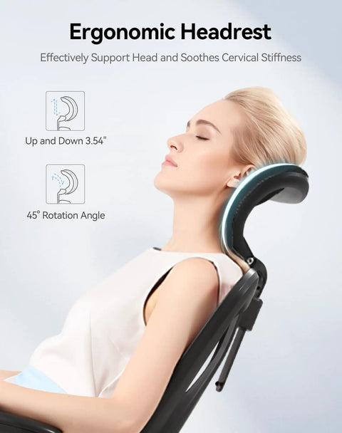 Woman resting on All Day Comfort Ergonomic High Back Mesh Desk Chair With Adjustable Headrest and Lumbar Support, side view.