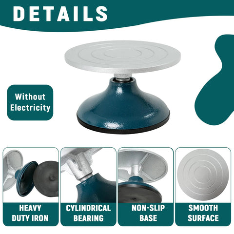 Front view of DUPDMKIN 7-inch all-metal pottery banding wheel with blue base and silver top disc