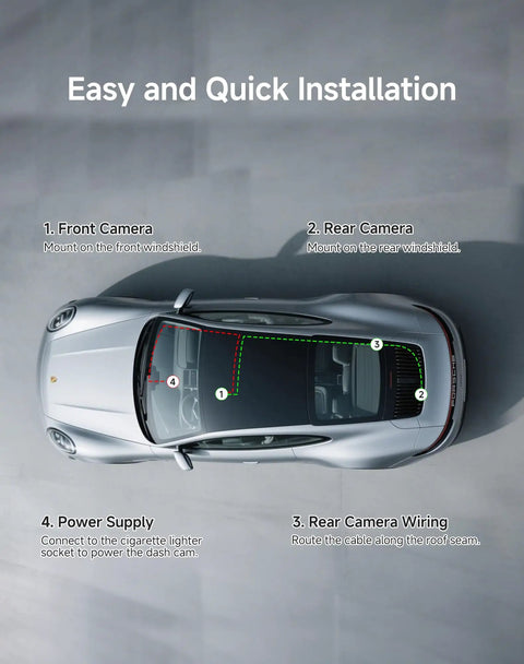 Dual Front And Rear Dash Cam With 4K Front And 2.5K Rear, Built-In WiFi With App Control, installation on car roof view