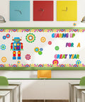 Gear Up Your Classroom With 52 Piece Robot Bulletin Board Set Featuring Robot and Gear Cutouts on a Whiteboard in Classroom