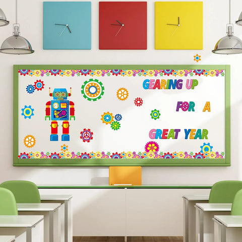 Gear Up Your Classroom With 52 Piece Robot Bulletin Board Set Featuring Robot and Gear Cutouts on a Whiteboard in Classroom