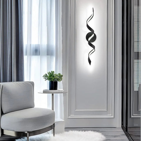 Dimmable 24 Inch Black LED Vanity Light With Dope Spiral Design For Over Mirror Install Modern Bath Lighting Fixture 15W Low Profile 6000K Daylight White Wall Mount installed on a wall in a modern room.