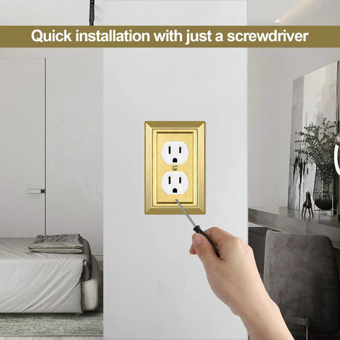 Installing a Gold Brass Metal Wall Plate For Electrical Outlets And Light Switches 1 Gang Duplex Cover in a room setting.
