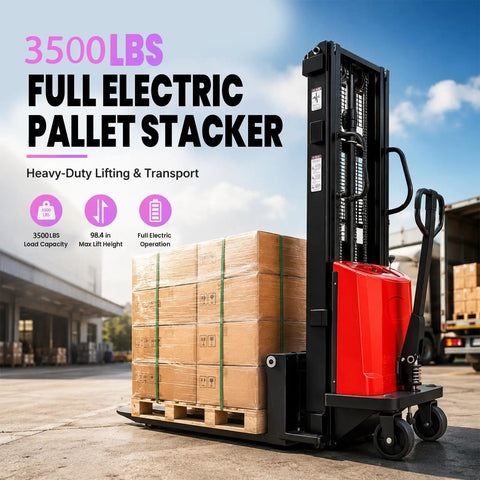 Heavy Duty Carbon Steel Semi Electric Pallet Stacker With 1.6Kw Motor, 3500 Lbs Capacity, 98 Inch Lift Height, loaded with pallets.