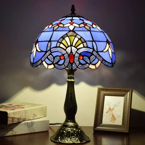 Blue Baroque Tiffany Style Stained Glass Table Lamp For Bedroom And Living Room, 12x12x18 Inch, on a nightstand with decor