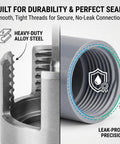 Close-up of four in one PVC pipe threader for internal and external threading works with electric drills, showing steel threads.
