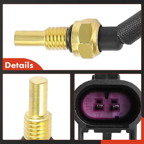 A-Premium coolant temperature sensor with brass threaded probe, O-ring seal, and purple 2-pin connector